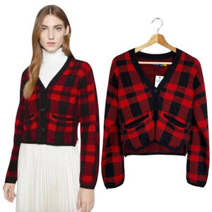 NWT Polo Ralph Lauren Buffalo Plaid Cropped Cardigan Sweater Womens XS Red Black